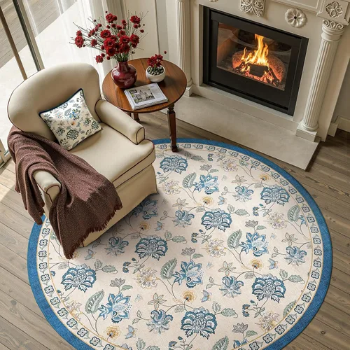Miniatura 39 de Jinchan Fiora - Alfombra redonda de 8 pies, alfombras vintage con diseño floral envejecido, lavable a máquina, antideslizante, de pelo bajo, Azul