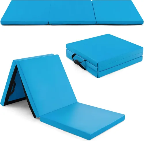 Goplus Esterilla de Gimnasia Plegable, 6' x 2' x 2'' de Grosor Tri-Fold Esterilla de Ejercicio y Volteretas con Asas de Transporte, Cierre de Gancho