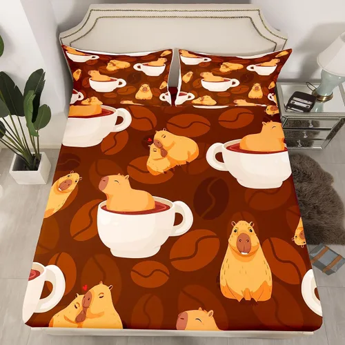 Miniatura 13 de Capybara - Sábana bajera ajustable tamaño individual, sábanas florales kawaii, diseño de animales rosados, dibujos animados, vida silvestre, roedor