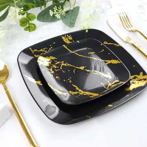 Miniatura 5 de Efavormart - Paquete de 10 platos cuadrados desechables de plástico para ensalada de 8 pulgadas, diseño de mármol negro y dorado, platos de fiesta