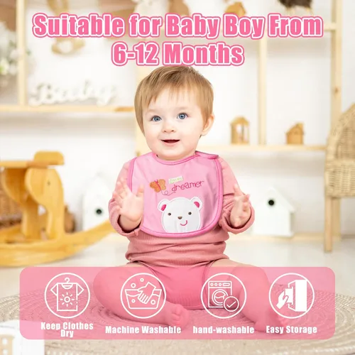 Miniatura 5 de Baberos impermeables de algodón para bebé, 24 unidades, ajustable, con cierre de velcro, para alimentar, dentición, babeo, 6-12 meses Rosado