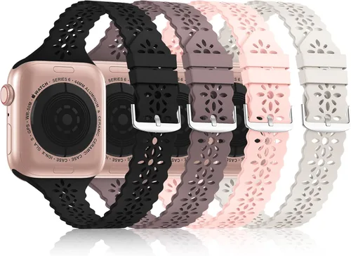 Miniatura 15 de Bandiction - Paquete de 4 correas de silicona de encaje compatibles con Apple Watch de 38mm 40mm 41mm 42mm 44mm 45mm 46mm 49mm, correa delgada