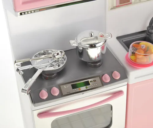Miniatura 2 de PowerTRC Juego de juguetes de cocina para muñecas, mini juguete moderno rosa, muebles de cocina, juego de accesorios con luz y sonido realistas