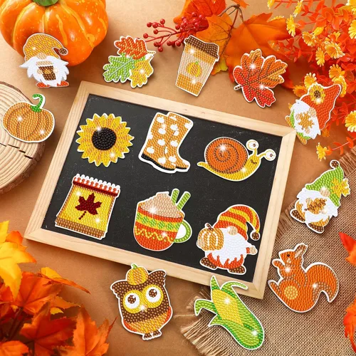 Miniatura 5 de Umigy 16 imanes de arte de diamantes de otoño para refrigerador, hojas de calabaza, girasol, Acción de Gracias, pintura de diamantes, kits de gemas