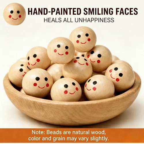 Miniatura 4 de 40 cuentas de madera redondas de madera con cara sonriente, cuentas de madera impresas espaciadoras para manualidades, manualidades, joyería