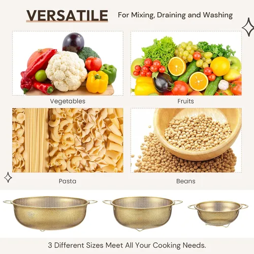 Miniatura 6 de Baderke Colador de metal dorado de acero inoxidable con asa, colador dorado para cocina, drenaje, pasta, enjuague, verduras, arroz, alimentos, 3