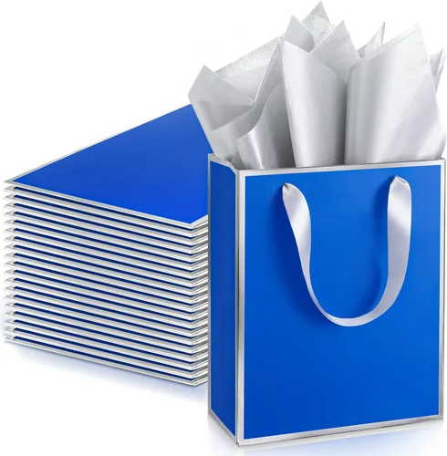 Miniatura 28 de Yeaqee Paquete de 24 bolsas de regalo de papel metálico con asa y papel de seda de 9 x 7 x 3.1 pulgadas, bolsas de favor de bienvenida con papel