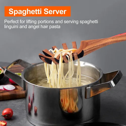 Miniatura 3 de Cuchara de madera para pasta con dientes, tenedor de espagueti, tenedores de pasta de 12.5 pulgadas, utensilios para servir, cuchara de madera