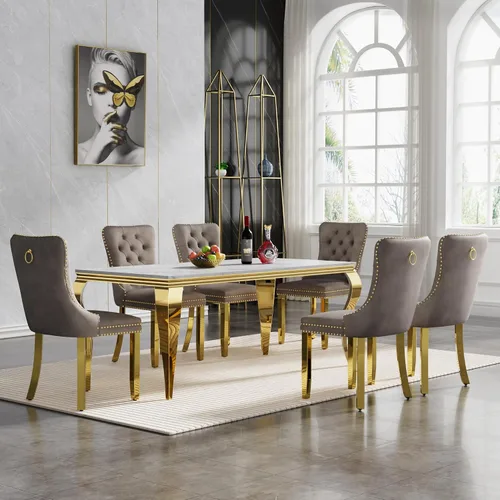 Miniatura 38 de Juego de mesa de comedor de 7 piezas con sillas, mesa de comedor de mármol sintético y sillas beige para 6, juego de mesa de comedor de oro blanco