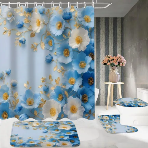 Miniatura 4 de DDQQ Juego de cortinas de ducha florales azules y blancas con flores dulces pintadas con alfombras, juego de cortina de ducha de baño de primavera