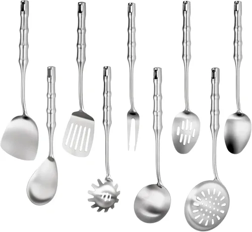 Juego de utensilios de cocina de acero inoxidable de 18 y 10 piezas, 9 piezas de utensilios de cocina de metal de 14 pulgadas de largo, resistentes