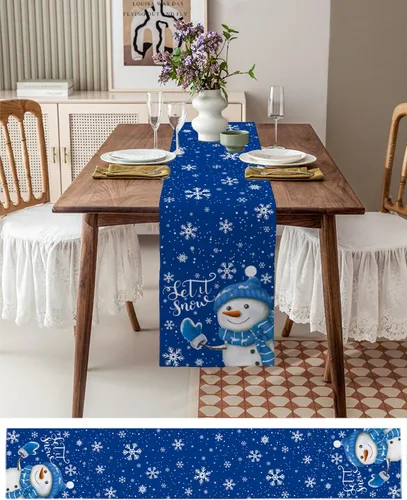 Miniatura 26 de Camino de mesa de muñeco de nieve de Navidad negro – Lino de algodón de 36 pulgadas de largo, bufandas de vestido de Navidad con copo de nieve