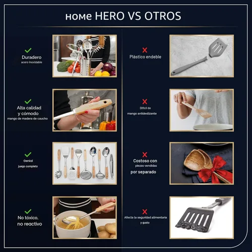 Miniatura 7 de Home Hero Juego de utensilios de cocina de acero inoxidable – Juego de utensilios de cocina de acero inoxidable antiadherente con mango de madera
