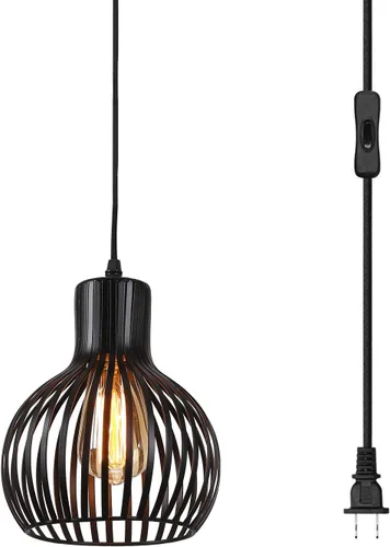 Lámpara colgante industrial de jaula de alambre enchufable, cable de luz colgante de 14.27 pies con interruptor de encendido/apagado, lámpara Negro