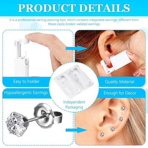 Miniatura 4 de Mudder Kit de 16 piezas de pistola desechable para perforación de orejas, sin dolor para lóbulos de orejas y nariz con tachuelas de cristal, seguro