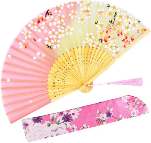 Miniatura 14 de Abanico plegable de seda y bambú, 8.27 pulgadas (21 cm), estilo retro, vintage, elegante y encantador, chino/japonés, regalo para mujeres y niñas