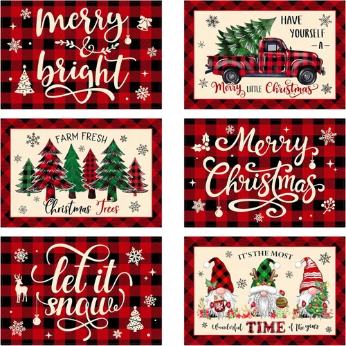 Juego de 6 manteles individuales de Navidad, manteles de mesa a cuadros de búfalo para Navidad Feliz, tapete de cocina para mesa de comedor, tapete