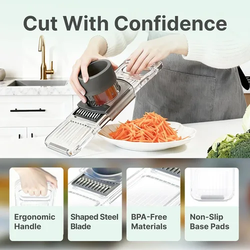 Miniatura 4 de ZKIRON Cortador de mandolina para cocina, cortador de verduras multifuncional 6 en 1 con cuerpo transparente y protector de mano seguro, rebanador