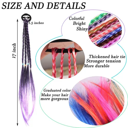 Miniatura 3 de KAGNAL 8 extensiones de cabello de trenzas de colores con bandas de goma, extensiones de cabello para niñas, extensiones sintéticas multicolor