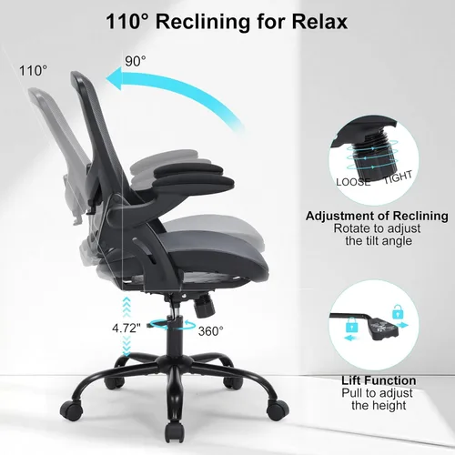 Miniatura 3 de Silla de oficina ergonómica con brazos abatibles, silla de escritorio de malla que ahorra espacio con soporte lumbar ajustable y reposacabezas