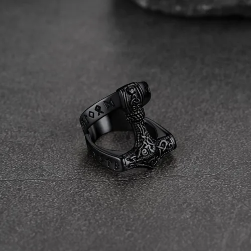Miniatura 7 de FaithHeart Norse Viking Jewelry - Anillo de acero inoxidable de guerrero para hombre con diseño vikingo de cabeza de lobomartillo de Thor