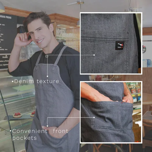 Miniatura 2 de Delantal Oxford Denim - Delantal para mujer y hombre con ojos metálicos. Correas ajustables en la espalda y cintura. Para trabajo de cocina, chef.