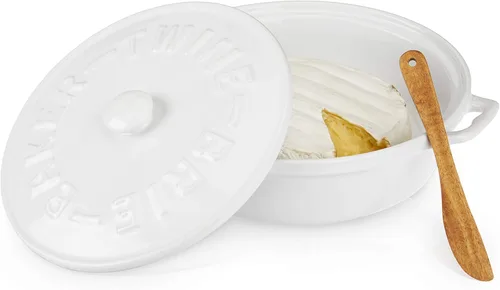 Cazuela de queso Twine de cerámica con esparcidora de madera de acacia, cazuela de queso brie con tapa, cazuela para hornear queso brie, utensílios