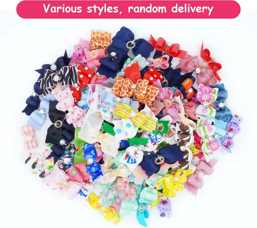Miniatura 3 de 50 unidades (25 pares) lazos para el pelo de perros pequeños, patrón aleatorio con diamantes de imitación, lazo para el pelo para cachorros, gatos