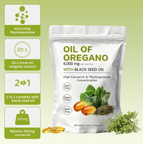 Miniatura 2 de Cápsulas blandas de aceite de orégano – Aceite de orégano con aceite de semilla negra de 6000 mg Aceite de orégano 2 en 1 Sin OMG – Sin gluten