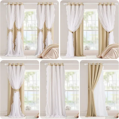 Miniatura 2 de PONY DANCE Cortinas con Volantes de Doble Capa con Superposición Transparente, Decoración Elegante para Ventanas de Diseño Rústico Francés de Campo