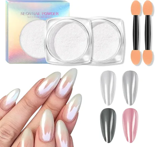 Miniatura 9 de Ownest 2 piezas de polvo de uñas cromado neón, pigmento de purpurina de uñas cromadas de unicornio, pigmento iridiscente en polvo Aurora para uñas