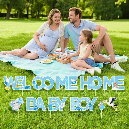 Miniatura 5 de Letrero de bienvenida para bebé niño con estacas, letrero azul de bienvenida para el patio del bebé, letrero de bienvenida con texto en inglés "It's