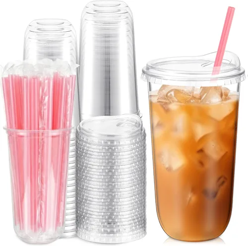 Miniatura 10 de Ziliny Juego de 25 vasos de plástico transparente con pajitas rosas en forma de corazón y tapas sin popote, vasos desechables para mascotas de fondo