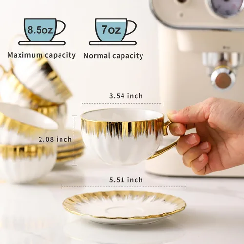 Miniatura 4 de LETAOTAO Juego de 4 tazas y platillos de expreso, tazas de café apilables de cerámica de 3 onzas con borde dorado, mini tazas Demitasse, juego