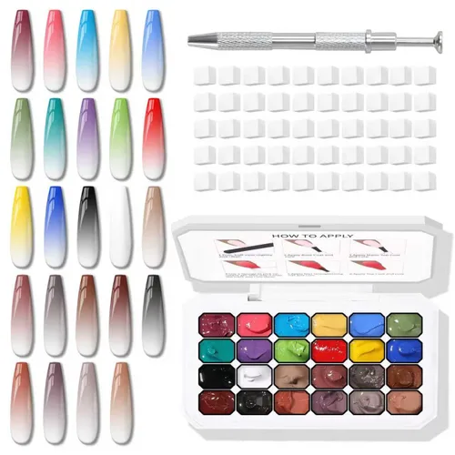 Miniatura 7 de Juego de 24 esmaltes de uñas en gel con esponja, esmalte de uñas en gel para dibujar líneas, flores, ombre, rubor y aura brillante para uñas de gel