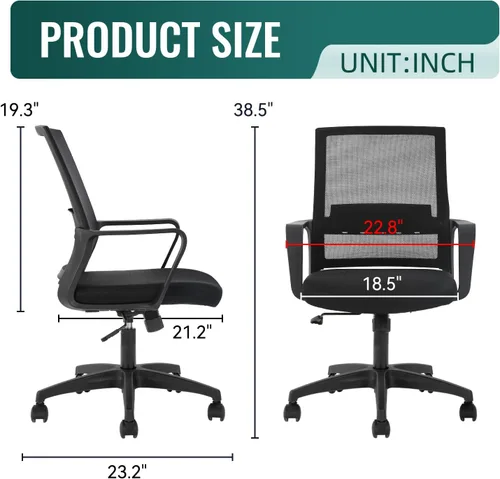 Miniatura 3 de FDW Silla de escritorio ergonómica de malla para computadora, de media espalda, con descansabrazos, giratoria, ajustable, soporte lumbar, Negro