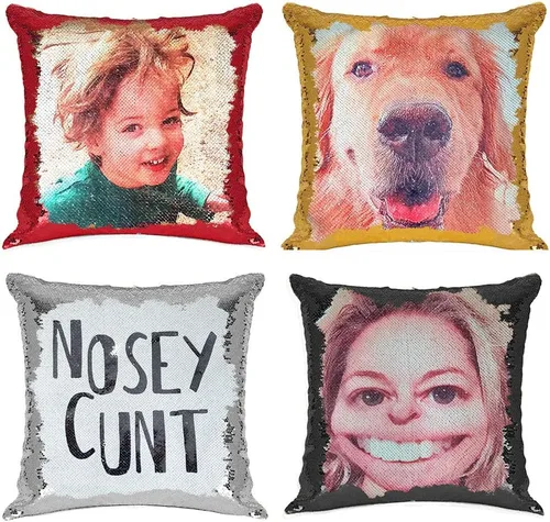 Miniatura 5 de Funda de almohada con lentejuelas para fotos/texto, imagen oculta, regalo personalizado único para amigos, familia, mascotas, lentejuelas negras