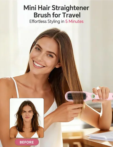 Miniatura 2 de LANDOT Mini cepillo alisador de cabello – Cepillo alisador iónico portátil para cabello corto a mediano, calor rápido de 30 segundos, peine caliente