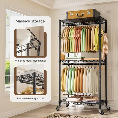 Miniatura 5 de Estante para ropa resistente con ruedas, estante enrollable para prendas, estantes ajustables de alambre de 3 niveles para colgar ropa con barras