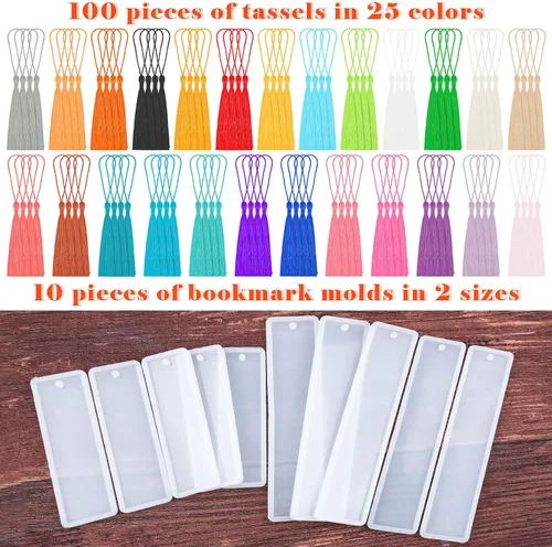 Miniatura 3 de Caffox Kit de moldes para marcapáginas con 100 borlas y 10 moldes de silicona para fundición de resina epoxi