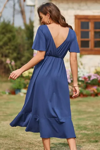 Miniatura 2 de LAISHEN Vestido de maternidad para sesión de fotos, manga corta, cuello en V, volantes, casual, baby shower, boda, invitada, ropa de embarazo