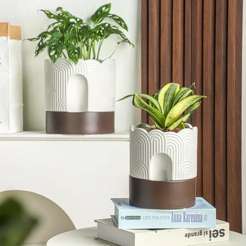 Miniatura 5 de Nihow Maceta de riego automático: maceta de cerámica de 6 pulgadas con orificio de drenaje y almacenamiento de agua, maceta de riego automático