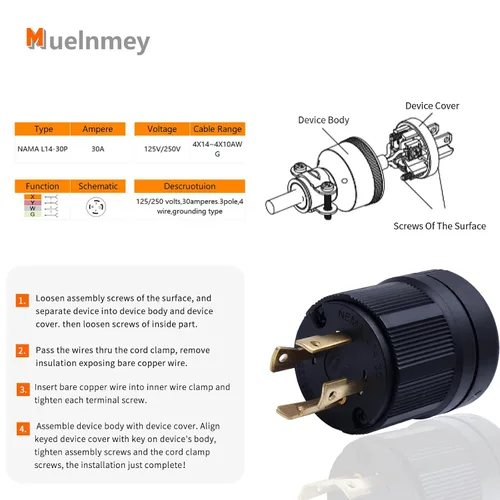 Miniatura 2 de Enchufe macho de bloqueo NEMA L14-30P 2PCS para generadores, enchufe eléctrico con extremo de cable de extensión 30A, 125/250V, 3 polos de 4 hilos