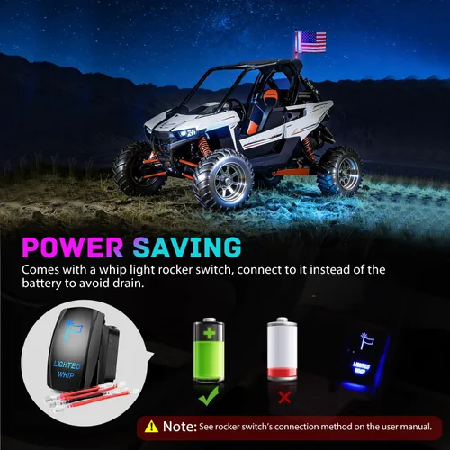 Miniatura 4 de Nilight Luz LED para látigo, 1 antena COB RGB de 2 pies con base de resorte, aplicación Bluetooth y control remoto, patrones de persecución