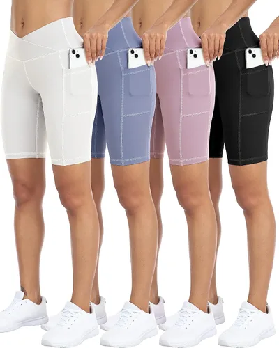 Miniatura 24 de WHOUARE Paquete de 4 pantalones cortos de yoga con bolsillos para mujer, cintura alta, atléticos, correr, entrenamiento, gimnasio, control de abdomen
