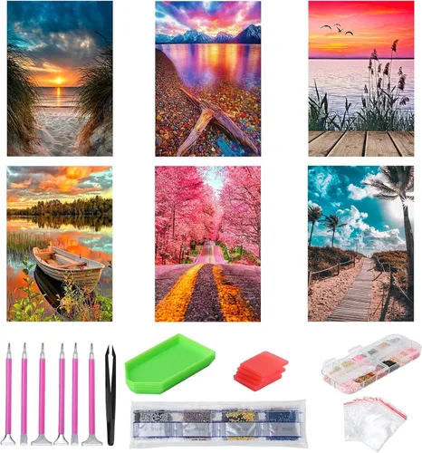 abcGoodefg Kit de pinturas de arte de diamantes, 6 paquetes, kits de arte de diamantes 5D para adultos, juego de paisaje, pintura redonda de taladro