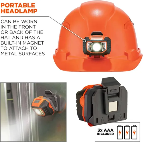 Miniatura 3 de Casco duro ventilado con luz, estilo gorra, suspensión de trinquete, Clase C, Ergodyne Skullerz 8972LED naranja