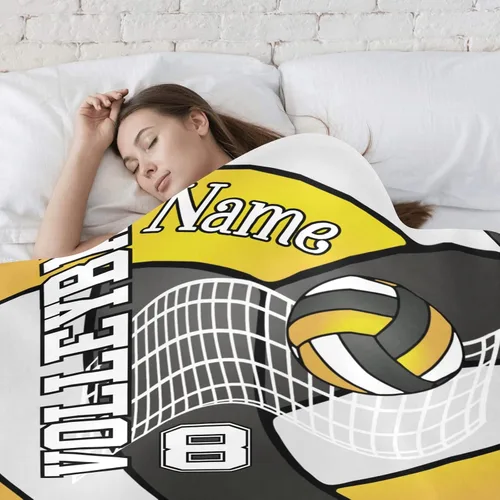 Miniatura 4 de Manta personalizada de voleibol en negro dorado, amarillo y blanco con nombre, manta de forro polar suave para hombres y mujeres, regalo