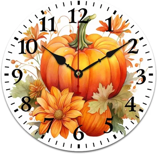 Miniatura 13 de Reloj de pared de madera Country Autumn Harvest Acuarela Calabaza Flores Redondo Reloj Decorativo de Calidad Cuarzo Sin Ticking Otoño Acción