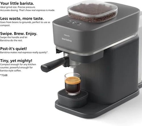 Miniatura 11 de Philips Baristina - Máquina de café expreso, molienda, apisona y prepara granos de café en una sola pasada, compacta, presión de bomba de 16 bares